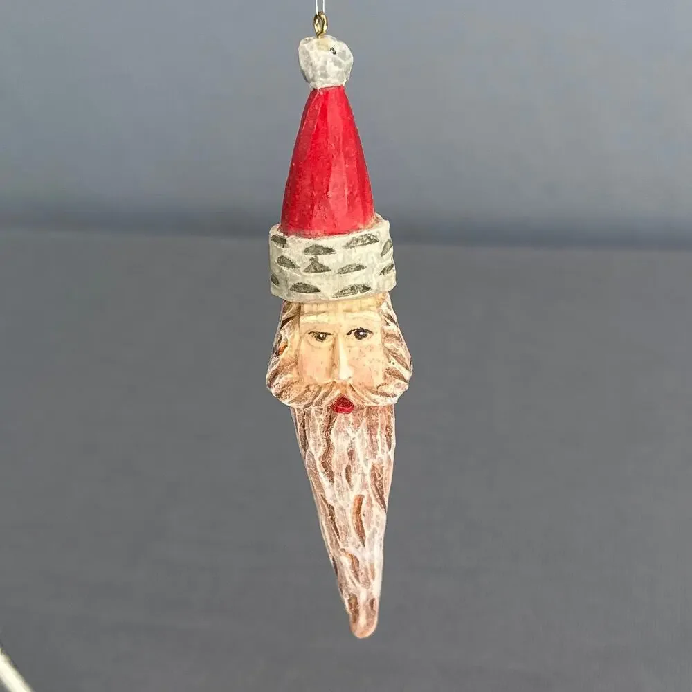 VTG Hand Painted Santa Face Ornament set 3 Red Hat Folk Art Moon Stars Resin 90s